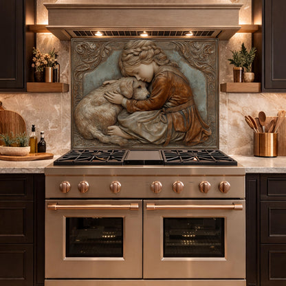 Young Girl and Golden Retriever Tempered Glass Backsplash, Copper Relief Look Wall Panel
