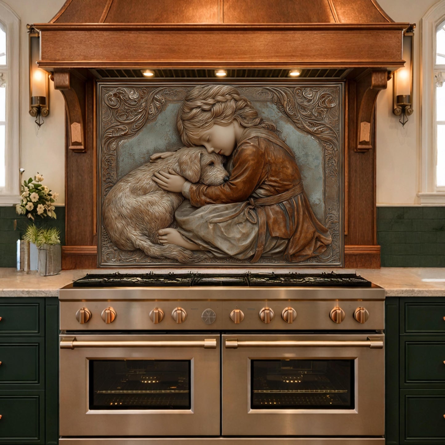 Young Girl and Golden Retriever Tempered Glass Backsplash, Copper Relief Look Wall Panel