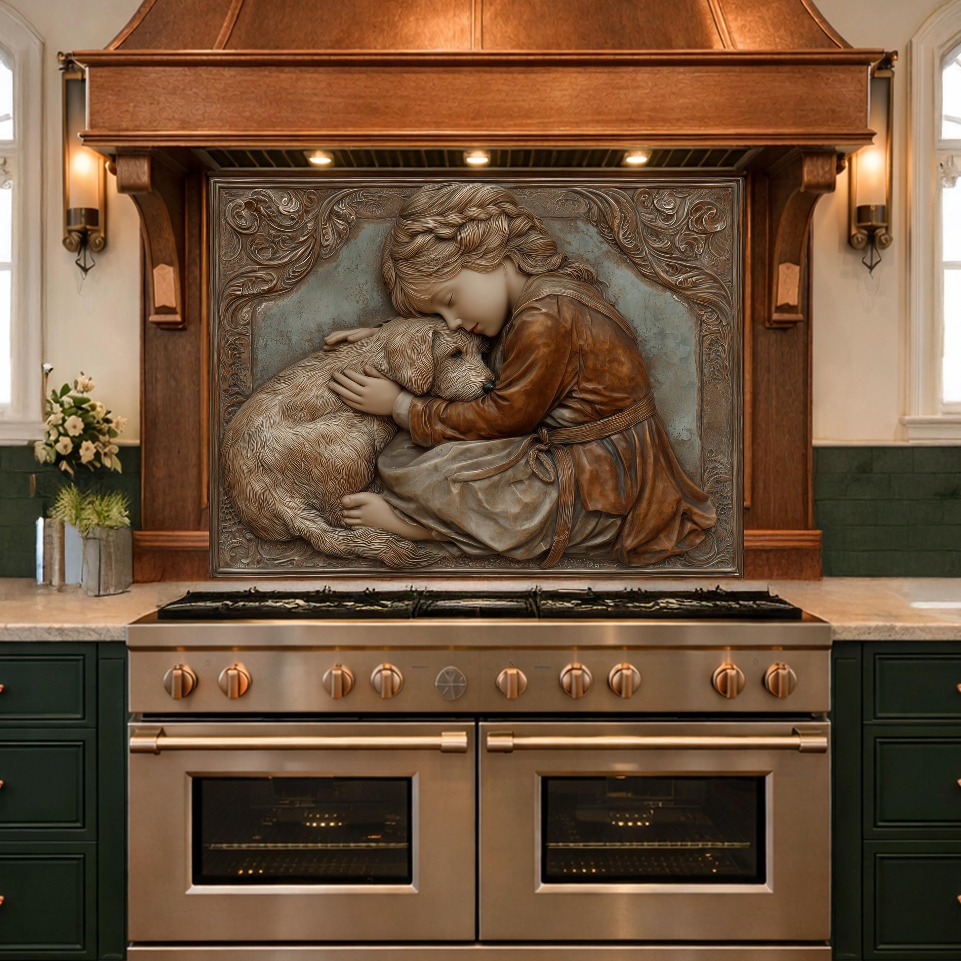 Young Girl and Golden Retriever Tempered Glass Backsplash, Copper Relief Look Wall Panel