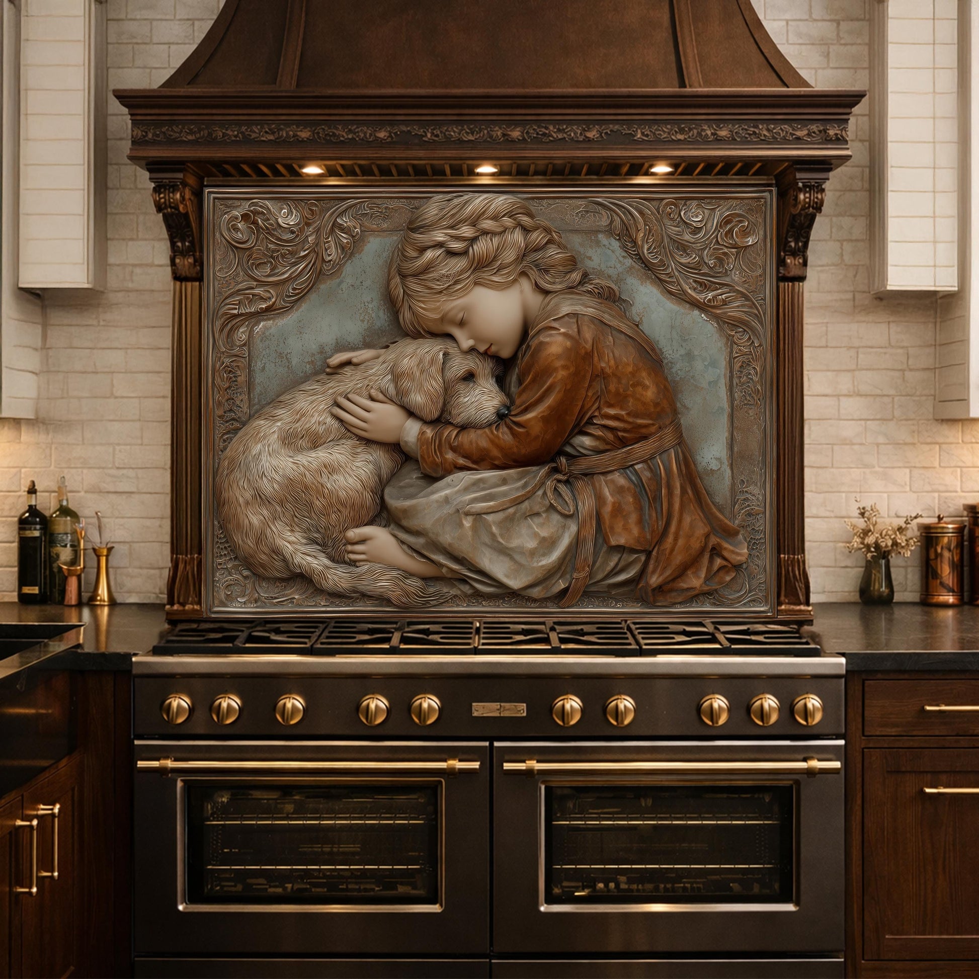 Young Girl and Golden Retriever Tempered Glass Backsplash, Copper Relief Look Wall Panel