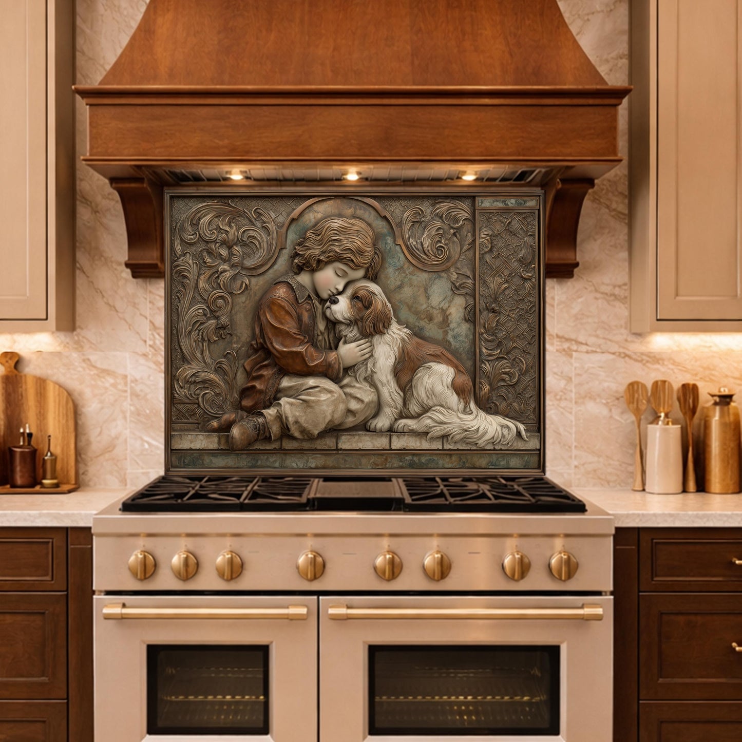 Young Boy and Spaniel Tempered Glass Backsplash, Copper Relief Look Wall Panel, Stove Guard