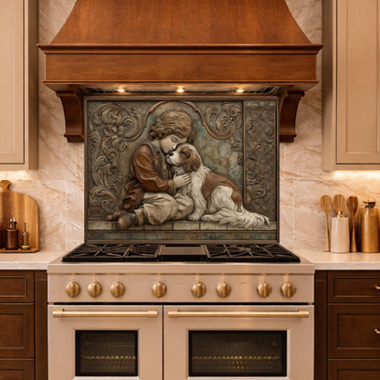 Young Boy and Spaniel Tempered Glass Backsplash, Copper Relief Look Wall Panel, Stove Guard