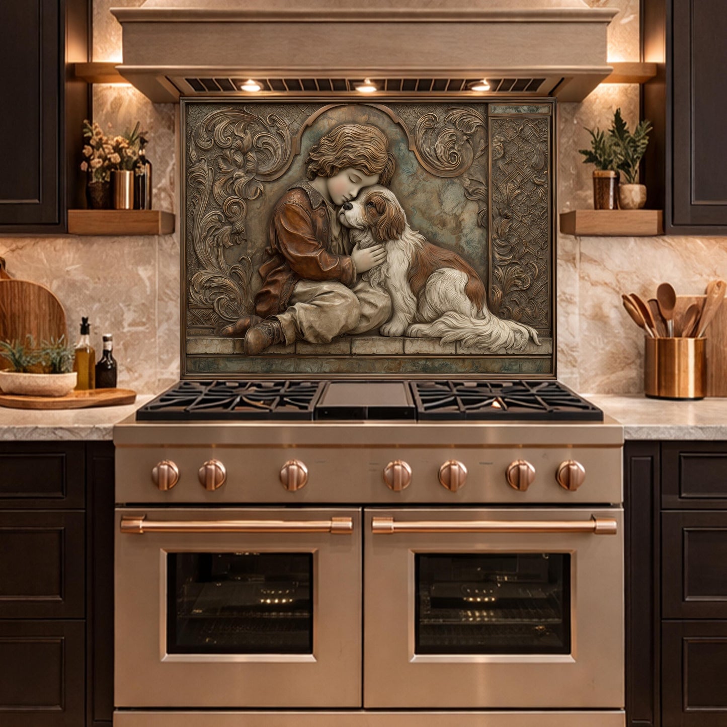 Young Boy and Spaniel Tempered Glass Backsplash, Copper Relief Look Wall Panel, Stove Guard