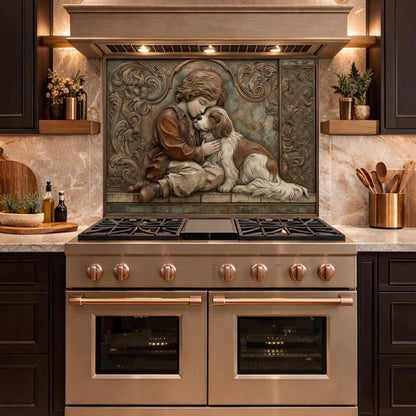 Young Boy and Spaniel Tempered Glass Backsplash, Copper Relief Look Wall Panel, Stove Guard