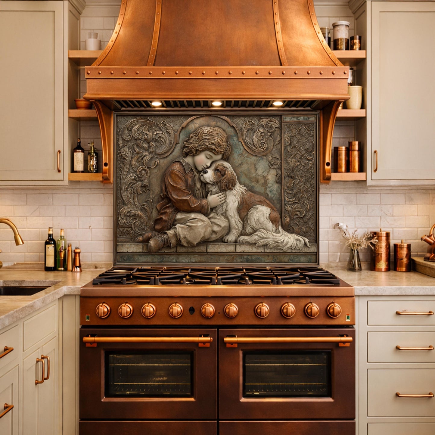 Young Boy and Spaniel Tempered Glass Backsplash, Copper Relief Look Wall Panel, Stove Guard