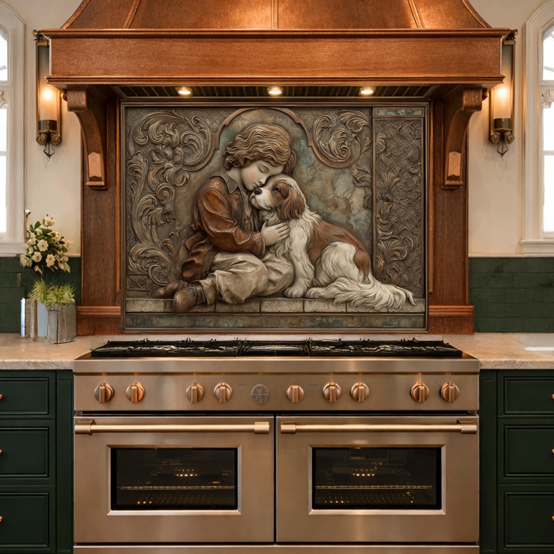 Young Boy and Spaniel Tempered Glass Backsplash, Copper Relief Look Wall Panel, Stove Guard