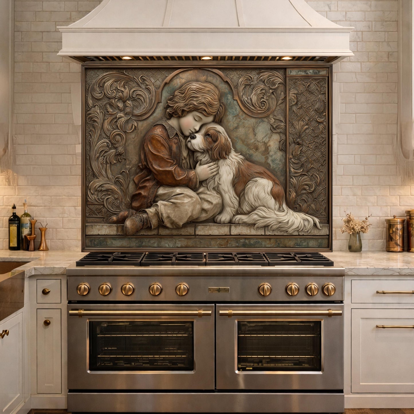 Young Boy and Spaniel Tempered Glass Backsplash, Copper Relief Look Wall Panel, Stove Guard