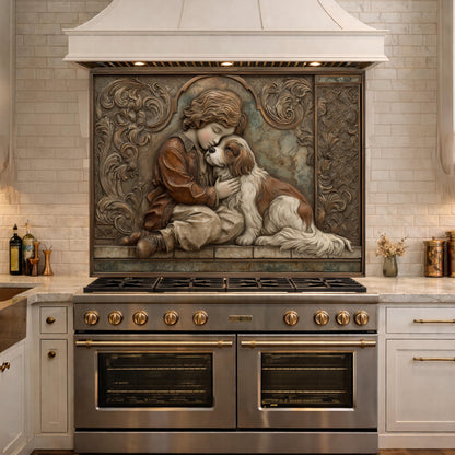 Young Boy and Spaniel Tempered Glass Backsplash, Copper Relief Look Wall Panel, Stove Guard