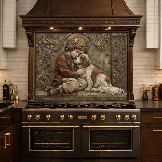 Young Boy and Spaniel Tempered Glass Backsplash, Copper Relief Look Wall Panel, Stove Guard