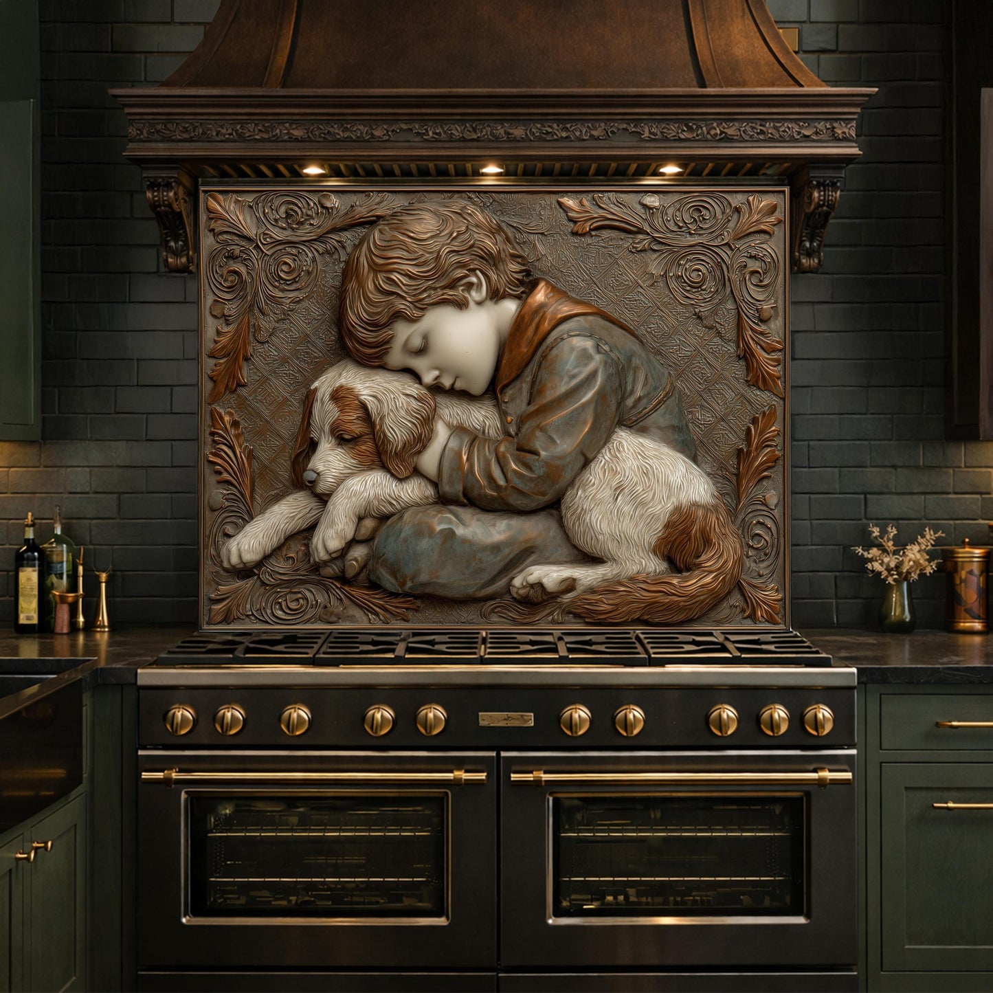 Young Boy and Puppy Tempered Glass Backsplash, Copper Relief Look Wall Panel, Stove Guard