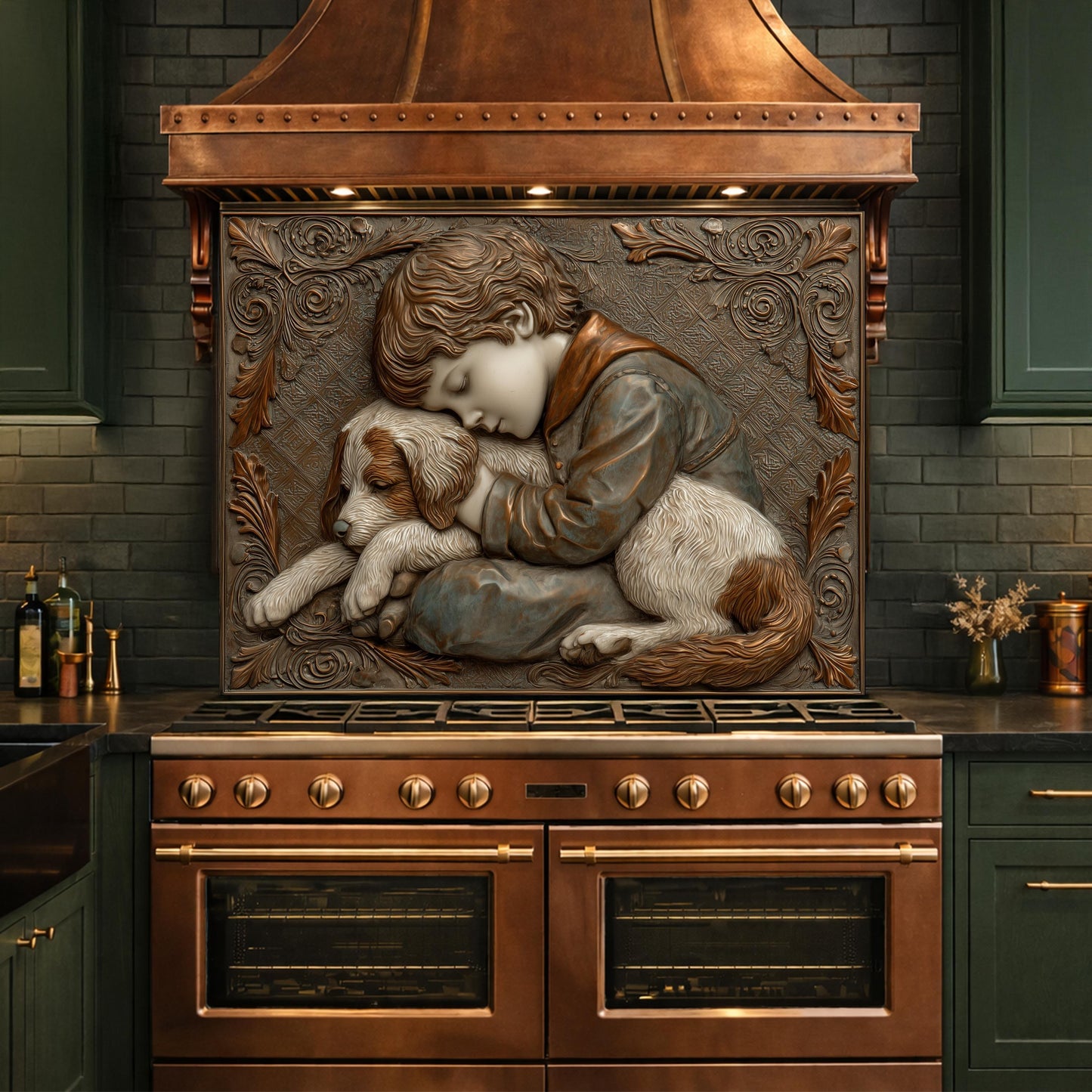 Young Boy and Puppy Tempered Glass Backsplash, Copper Relief Look Wall Panel, Stove Guard