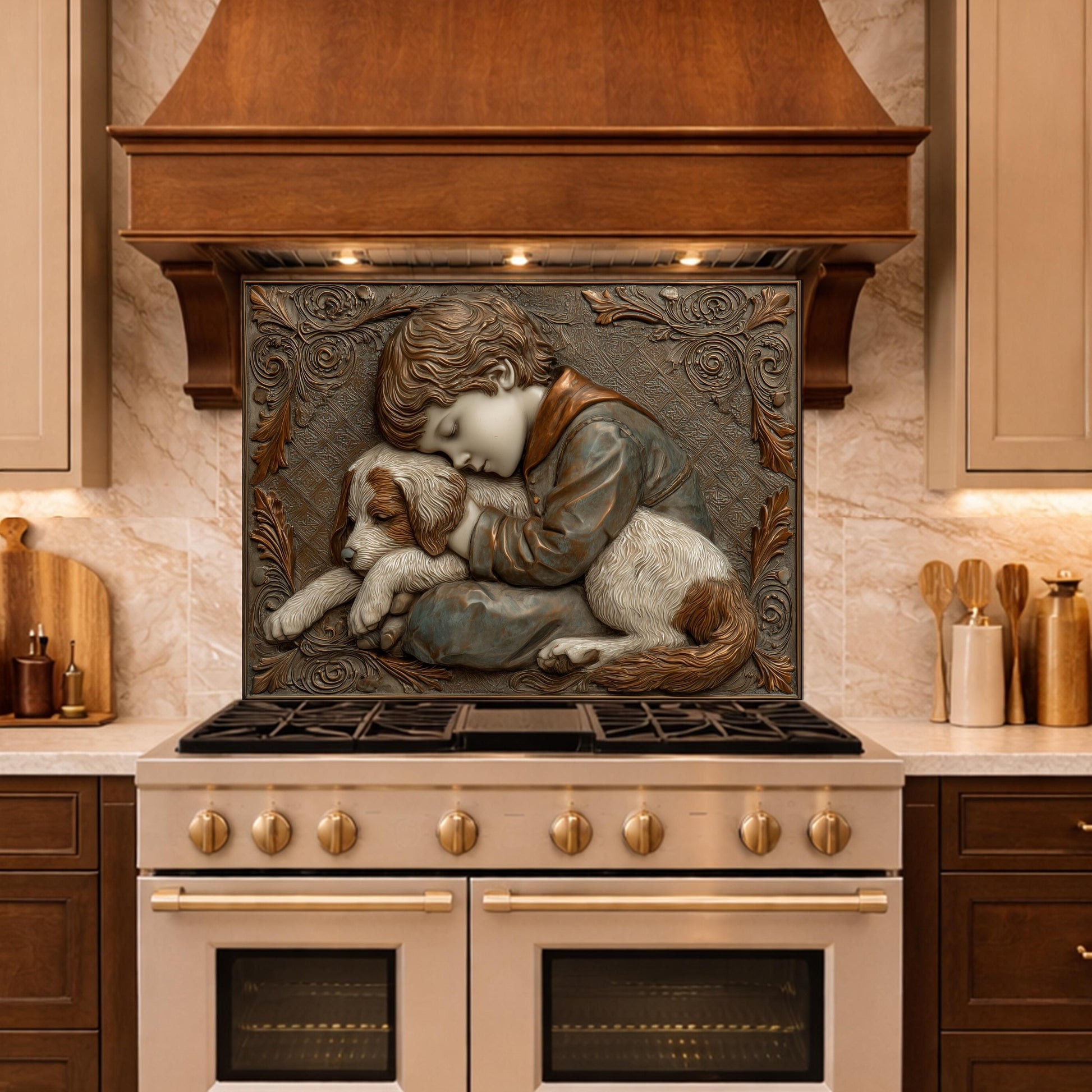 Young Boy and Puppy Tempered Glass Backsplash, Copper Relief Look Wall Panel, Stove Guard