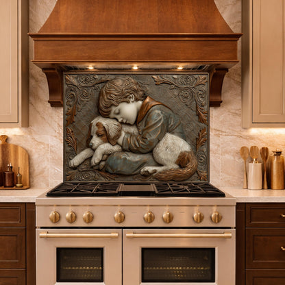 Young Boy and Puppy Tempered Glass Backsplash, Copper Relief Look Wall Panel, Stove Guard