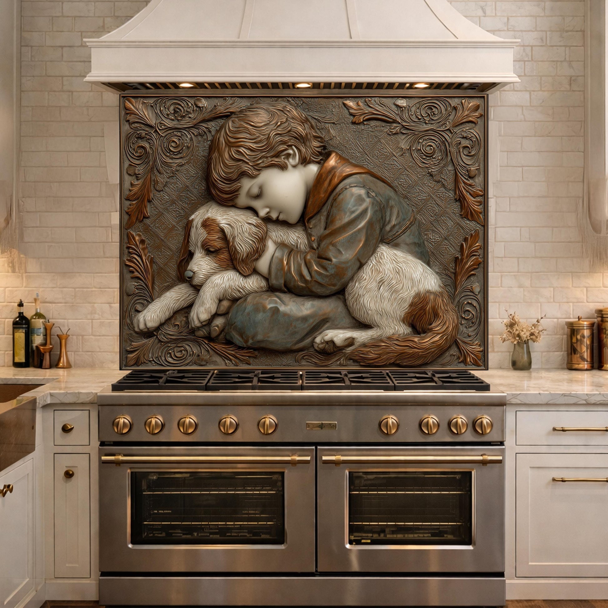 Young Boy and Puppy Tempered Glass Backsplash, Copper Relief Look Wall Panel, Stove Guard