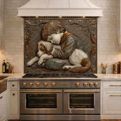 Young Boy and Puppy Tempered Glass Backsplash, Copper Relief Look Wall Panel, Stove Guard