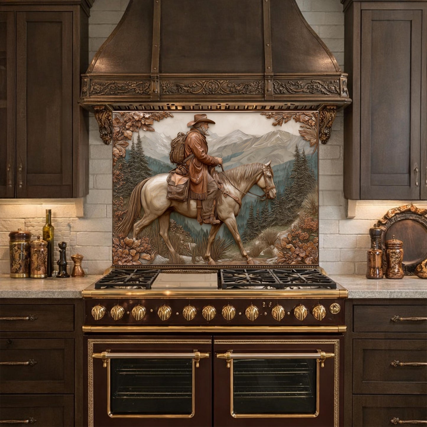 Mountain Traveler on Horseback Tempered Glass Backsplash, Copper Relief Look Wall Panel, Stove Guard
