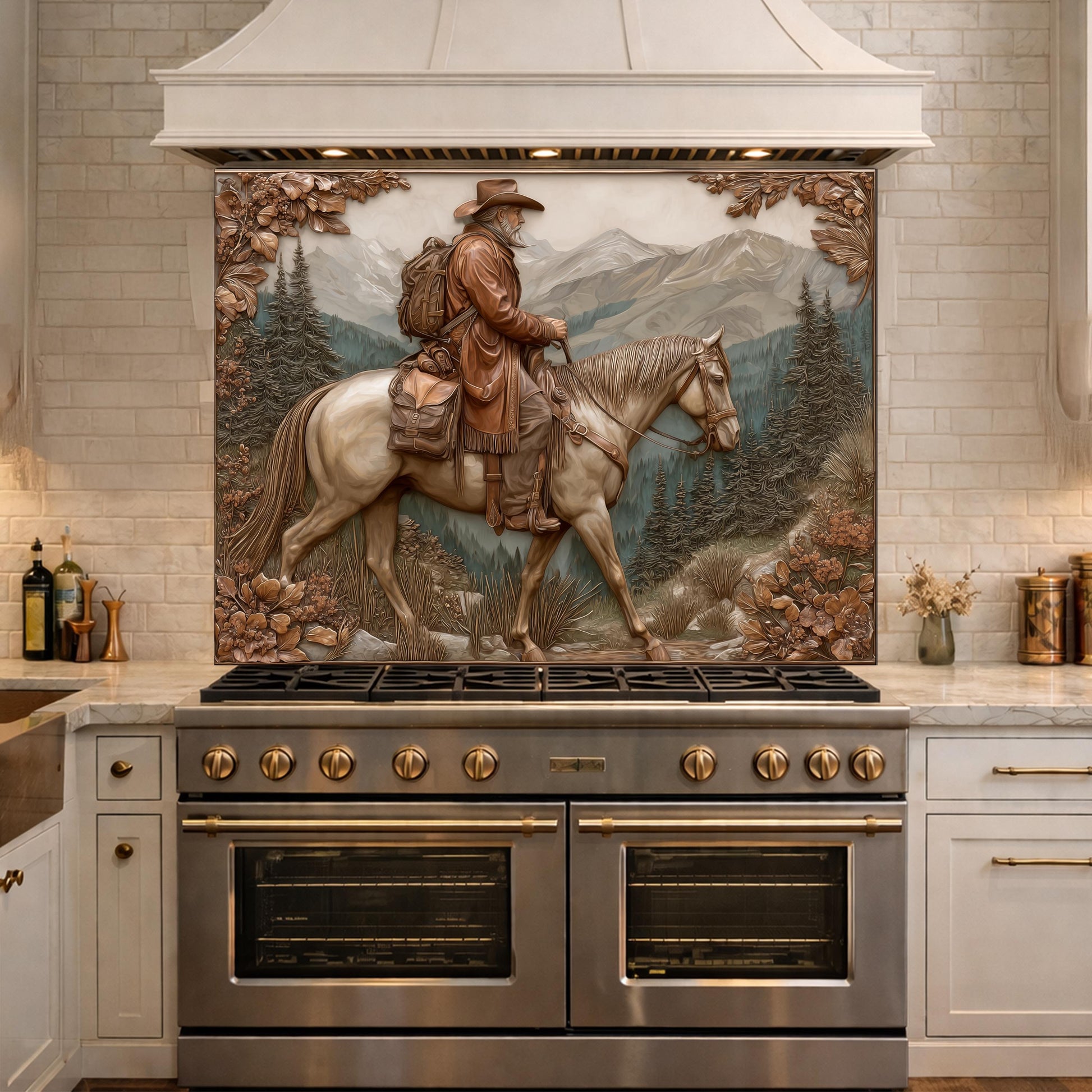 Mountain Traveler on Horseback Tempered Glass Backsplash, Copper Relief Look Wall Panel, Stove Guard
