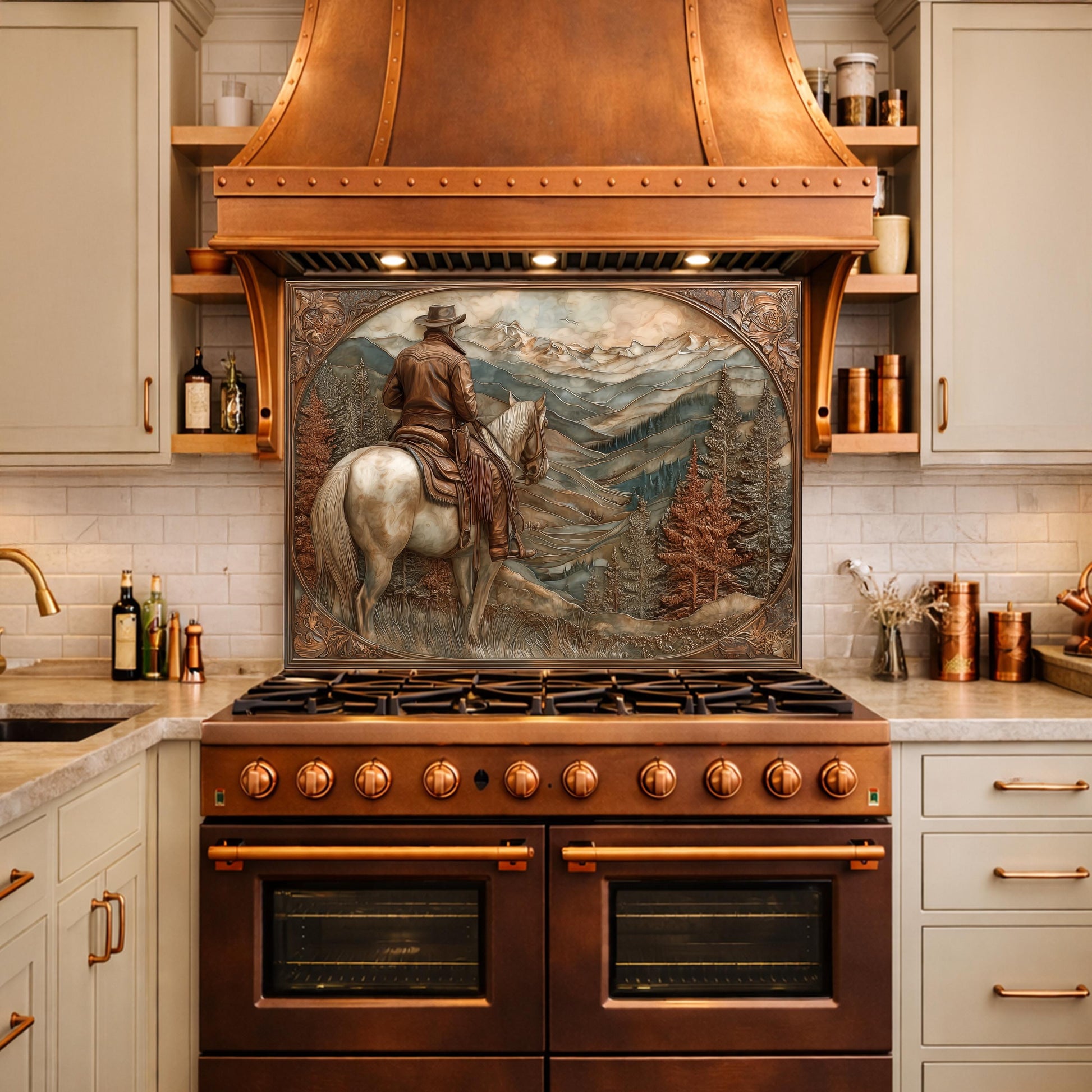 Mountain Ridge Cowboy Tempered Glass Backsplash, Copper Relief Look Wall Panel, Stove Guard