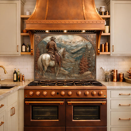 Mountain Ridge Cowboy Tempered Glass Backsplash, Copper Relief Look Wall Panel, Stove Guard