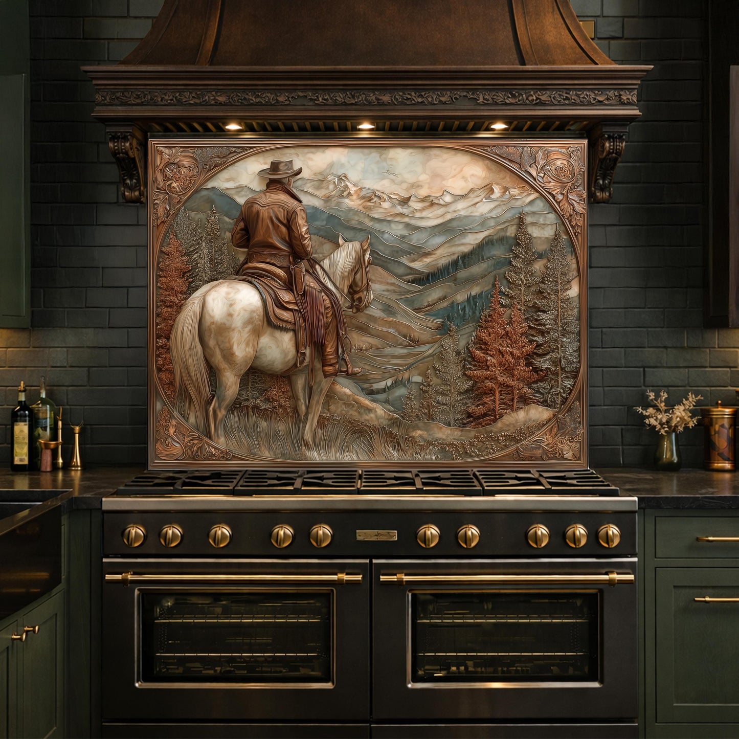 Mountain Ridge Cowboy Tempered Glass Backsplash, Copper Relief Look Wall Panel, Stove Guard