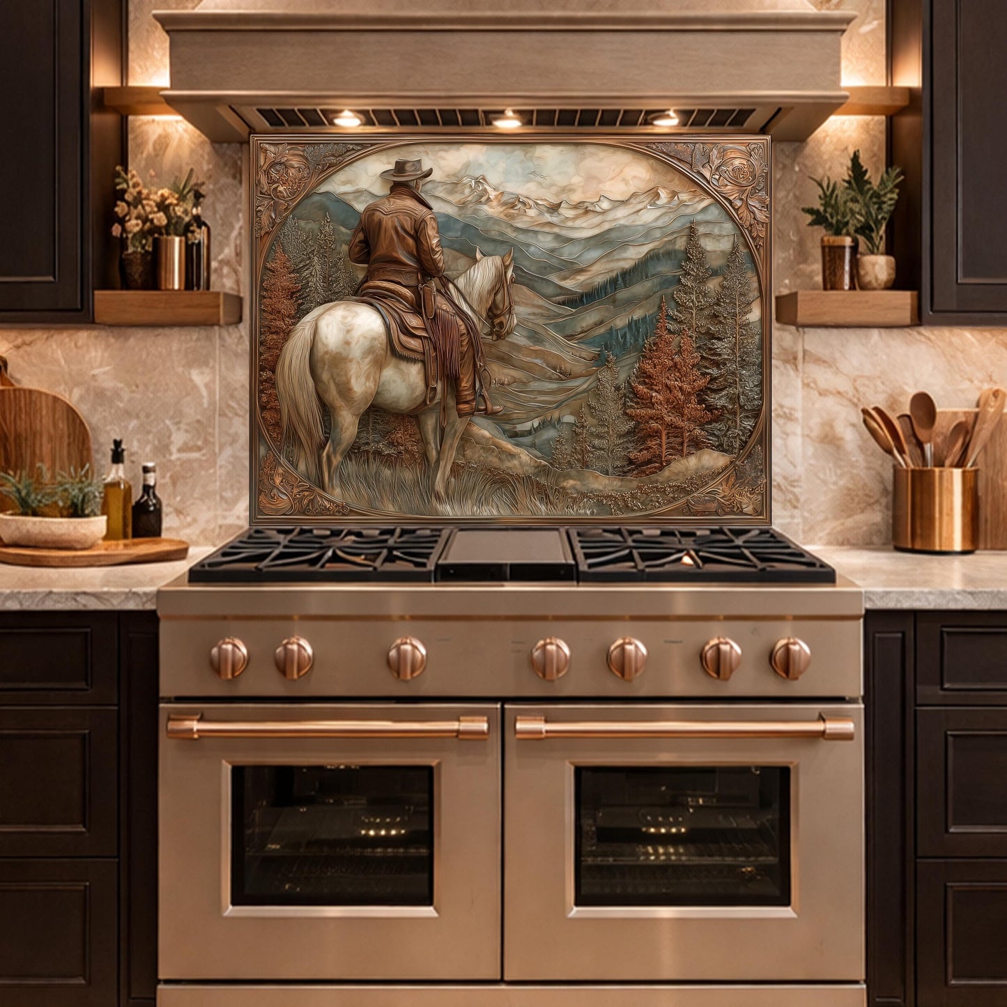 Mountain Ridge Cowboy Tempered Glass Backsplash, Copper Relief Look Wall Panel, Stove Guard