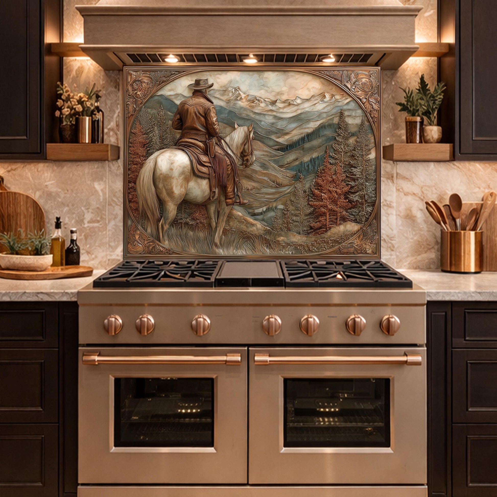 Mountain Ridge Cowboy Tempered Glass Backsplash, Copper Relief Look Wall Panel, Stove Guard
