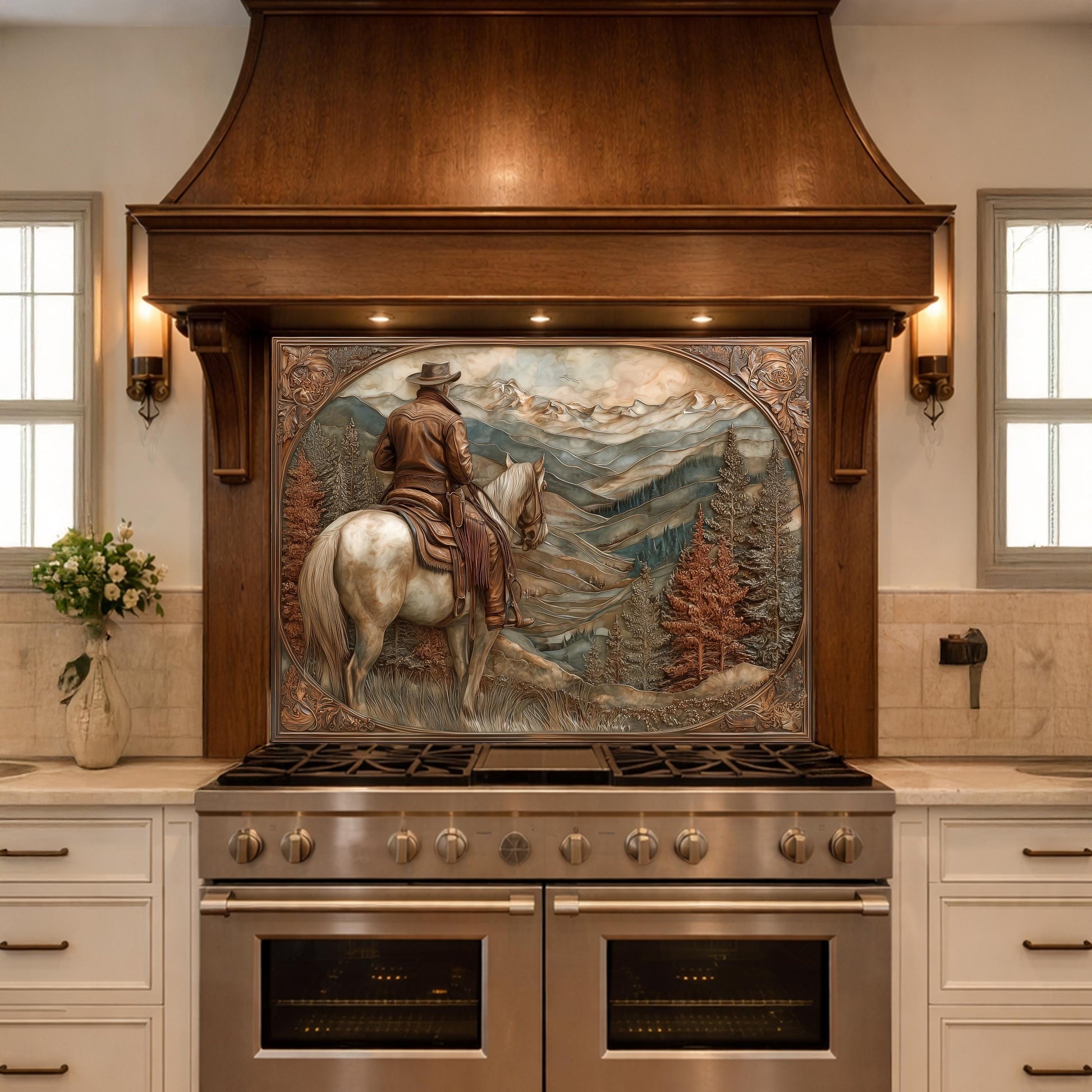 Mountain Ridge Cowboy Tempered Glass Backsplash, Copper Relief Look Wall Panel, Stove Guard
