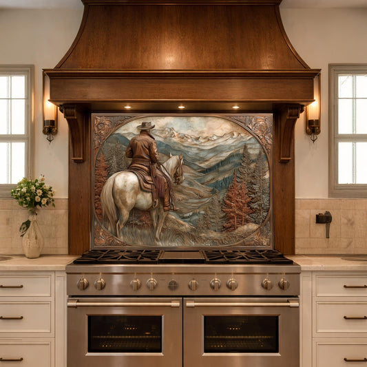 Mountain Ridge Cowboy Tempered Glass Backsplash, Copper Relief Look Wall Panel, Stove Guard