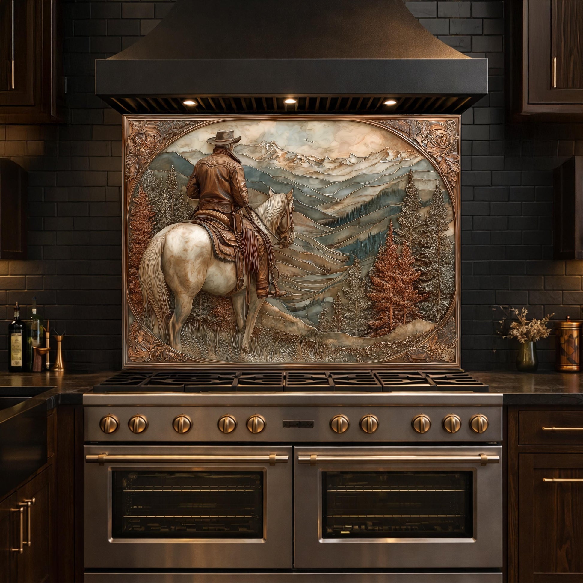 Mountain Ridge Cowboy Tempered Glass Backsplash, Copper Relief Look Wall Panel, Stove Guard