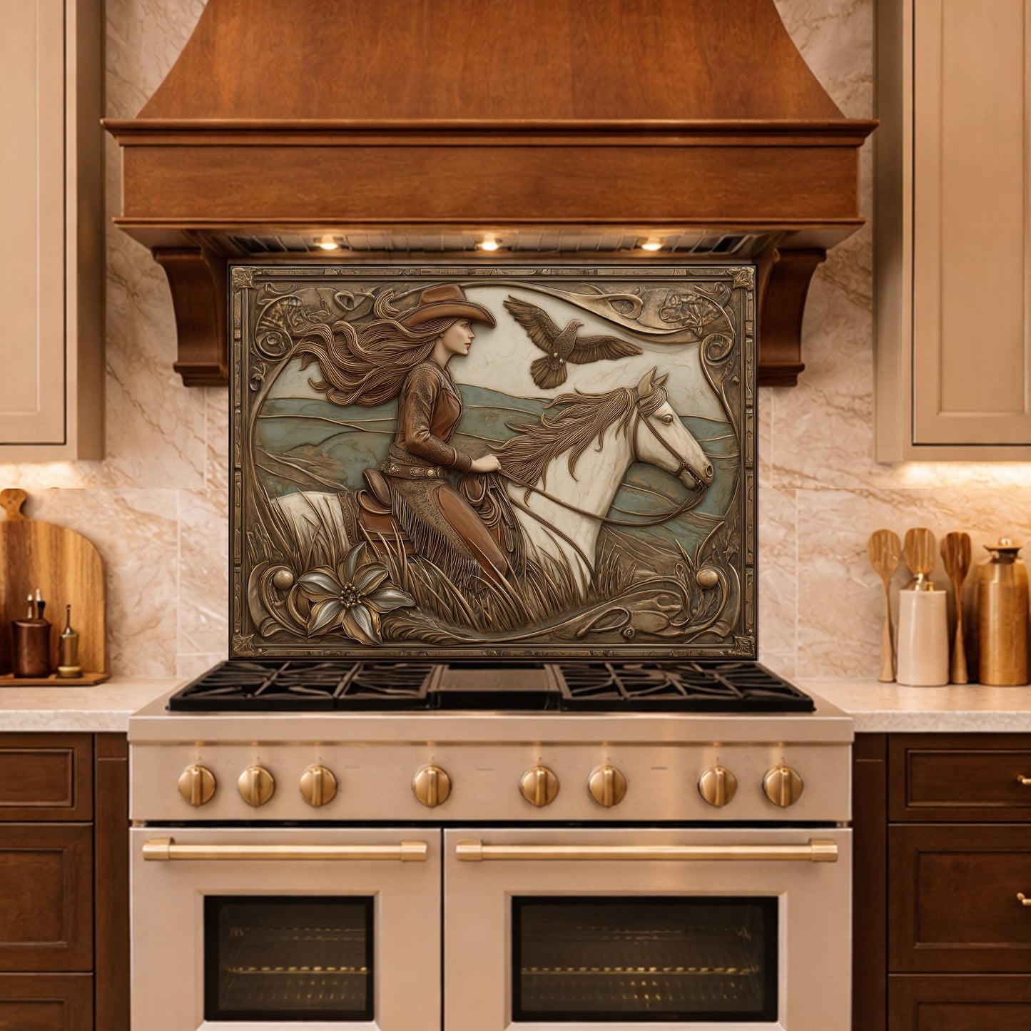 Graceful Cowgirl and Galloping Horse Tempered Glass Backsplash, Copper Relief Look Wall Panel