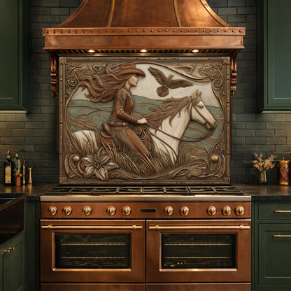 Graceful Cowgirl and Galloping Horse Tempered Glass Backsplash, Copper Relief Look Wall Panel