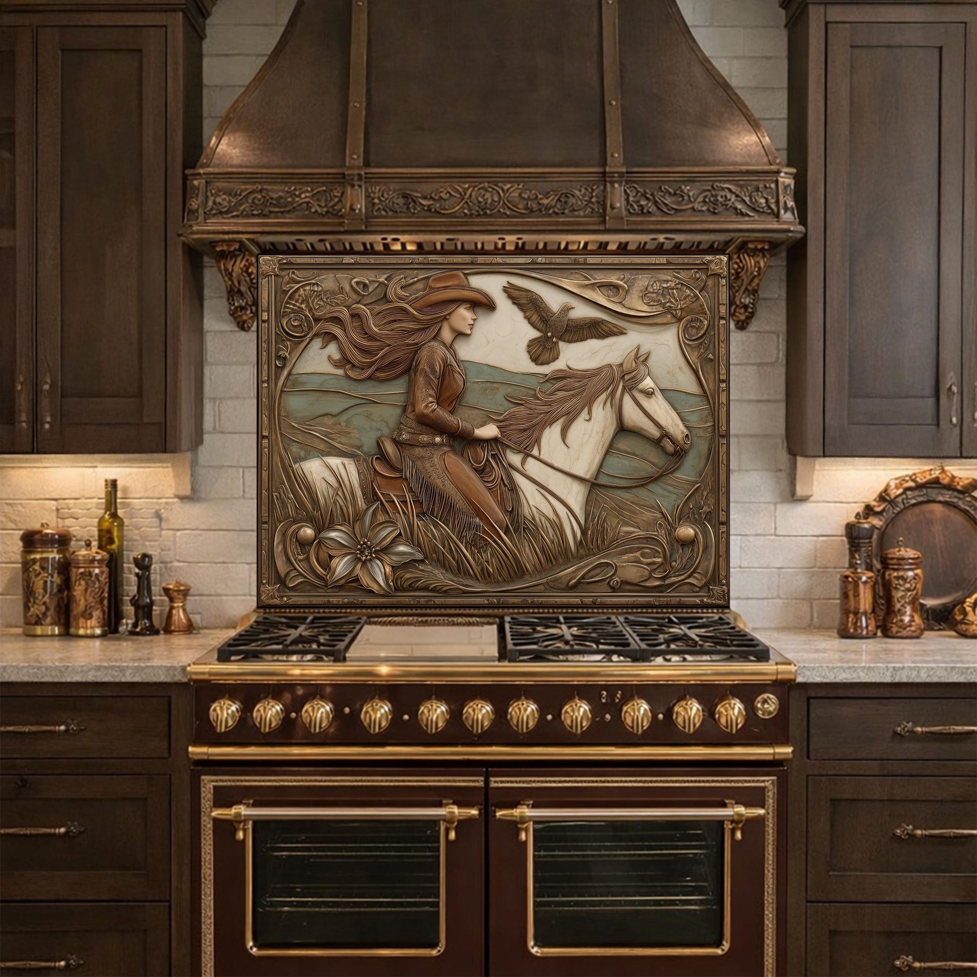 Graceful Cowgirl and Galloping Horse Tempered Glass Backsplash, Copper Relief Look Wall Panel