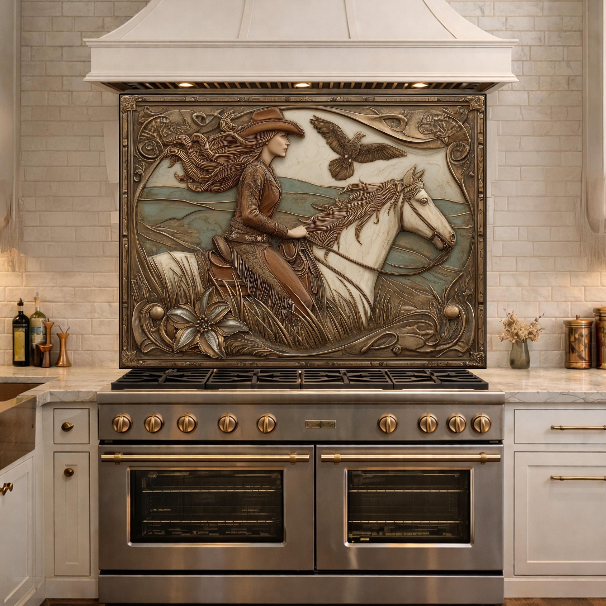 Graceful Cowgirl and Galloping Horse Tempered Glass Backsplash, Copper Relief Look Wall Panel