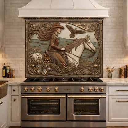 Graceful Cowgirl and Galloping Horse Tempered Glass Backsplash, Copper Relief Look Wall Panel
