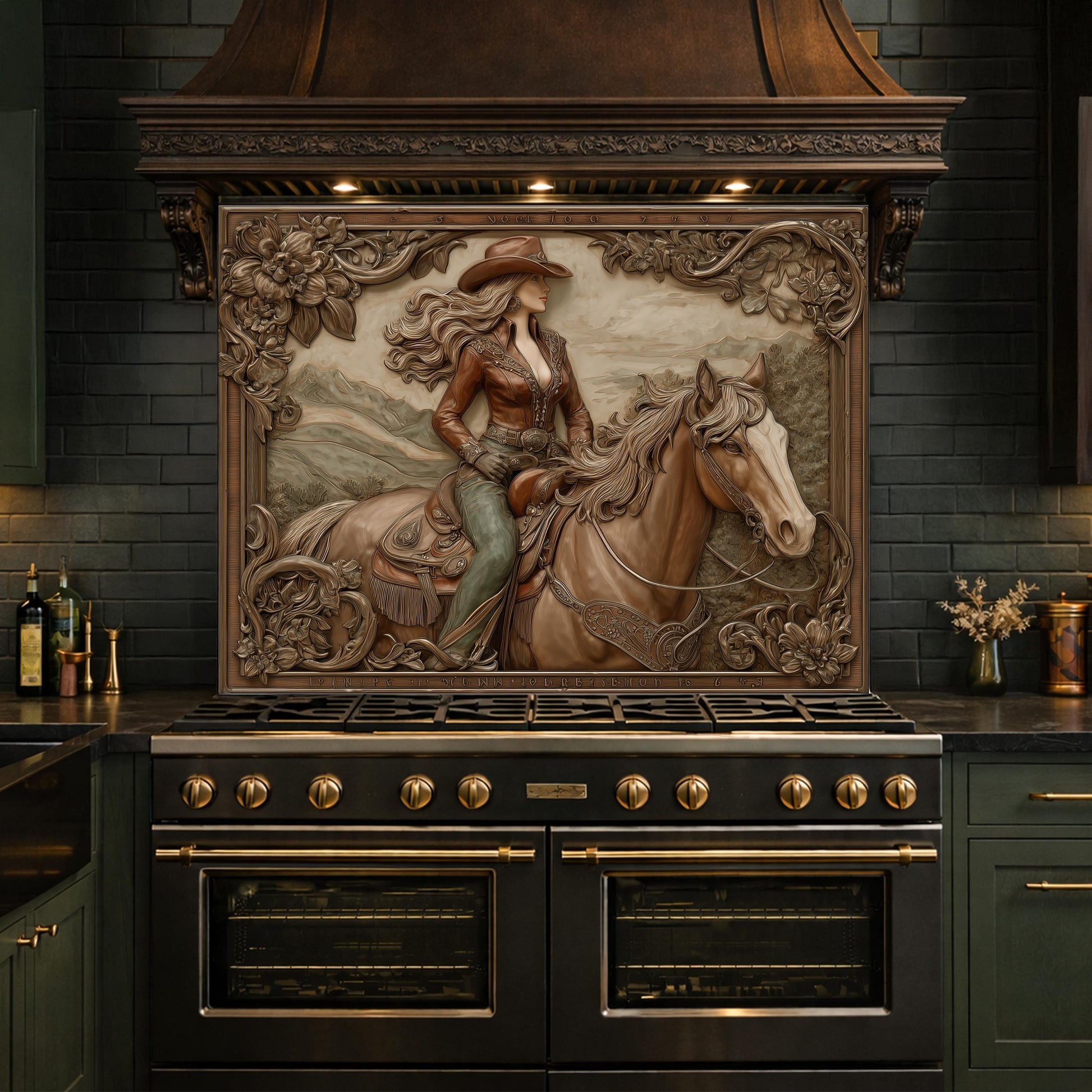 Graceful Cowgirl and Horse Tempered Glass Backsplash, Copper Relief Look Wall Panel, Stove Guard