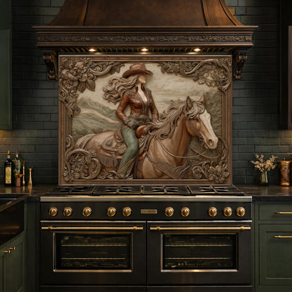Graceful Cowgirl and Horse Tempered Glass Backsplash, Copper Relief Look Wall Panel, Stove Guard
