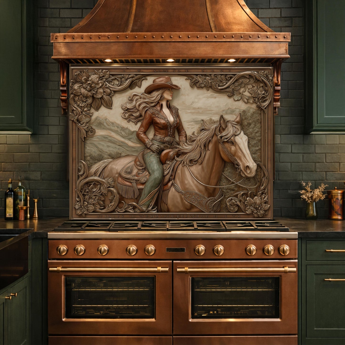 Graceful Cowgirl and Horse Tempered Glass Backsplash, Copper Relief Look Wall Panel, Stove Guard