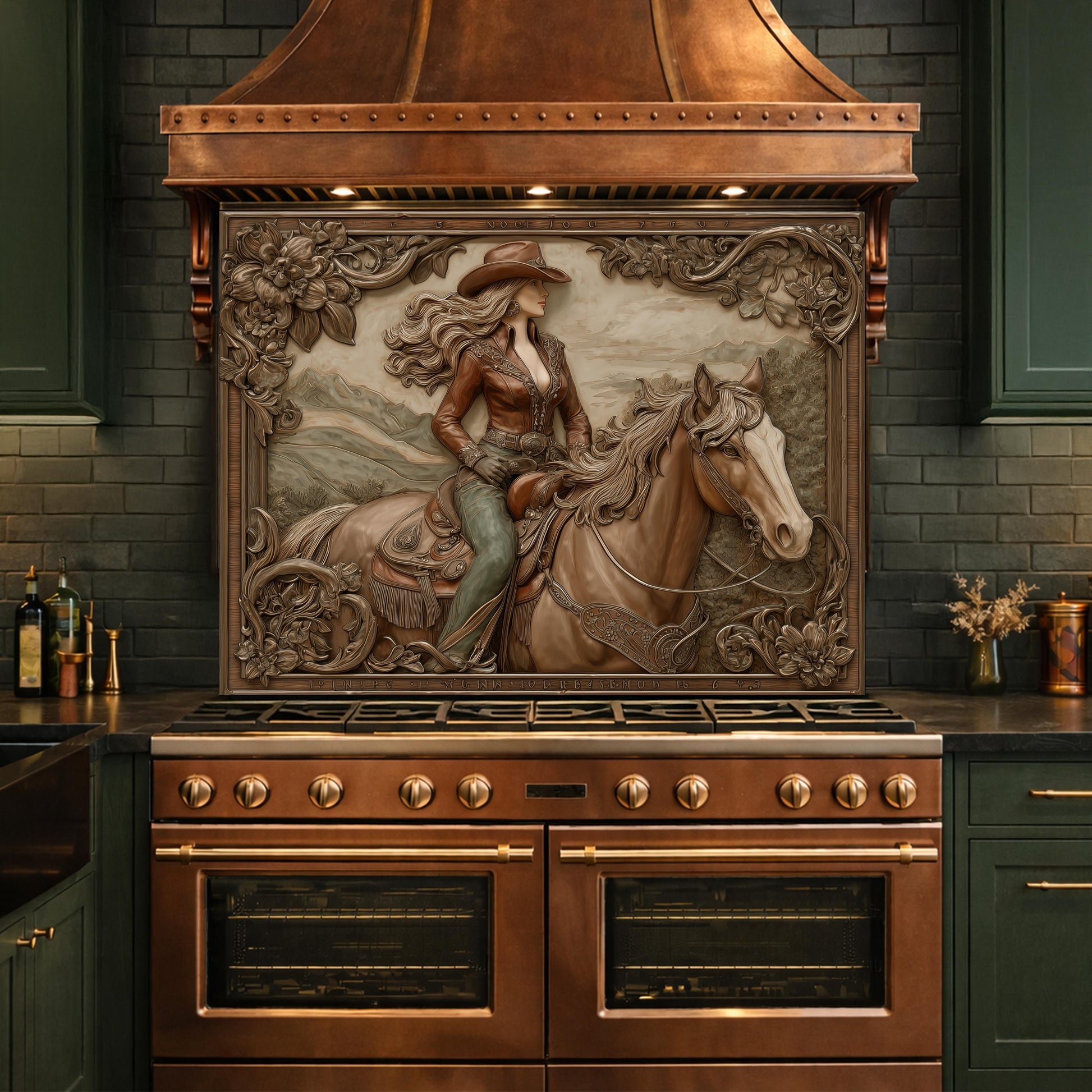 Graceful Cowgirl and Horse Tempered Glass Backsplash, Copper Relief Look Wall Panel, Stove Guard