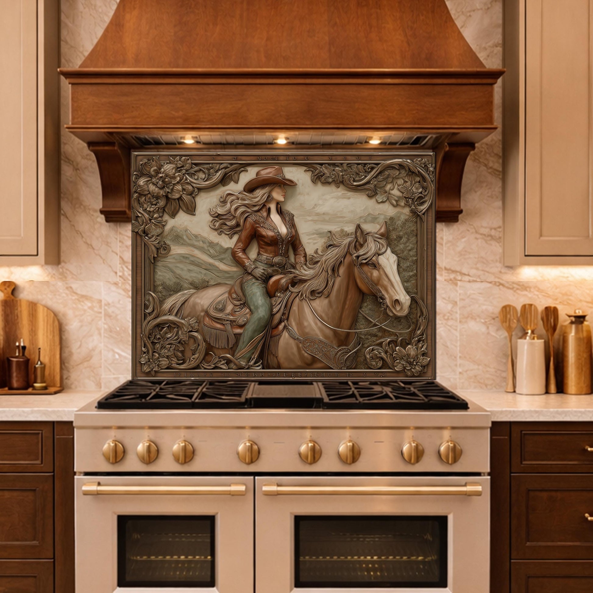 Graceful Cowgirl and Horse Tempered Glass Backsplash, Copper Relief Look Wall Panel, Stove Guard