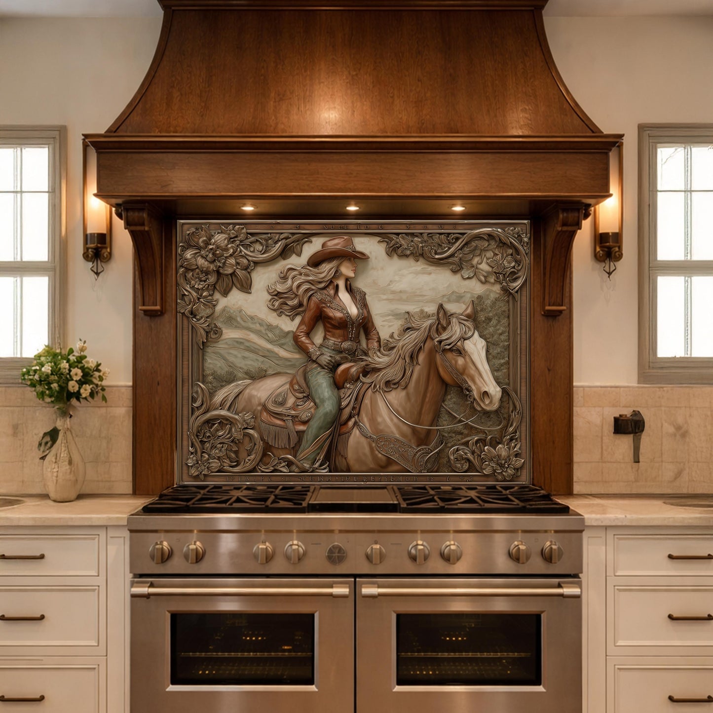 Graceful Cowgirl and Horse Tempered Glass Backsplash, Copper Relief Look Wall Panel, Stove Guard
