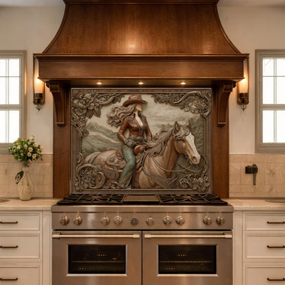 Graceful Cowgirl and Horse Tempered Glass Backsplash, Copper Relief Look Wall Panel, Stove Guard