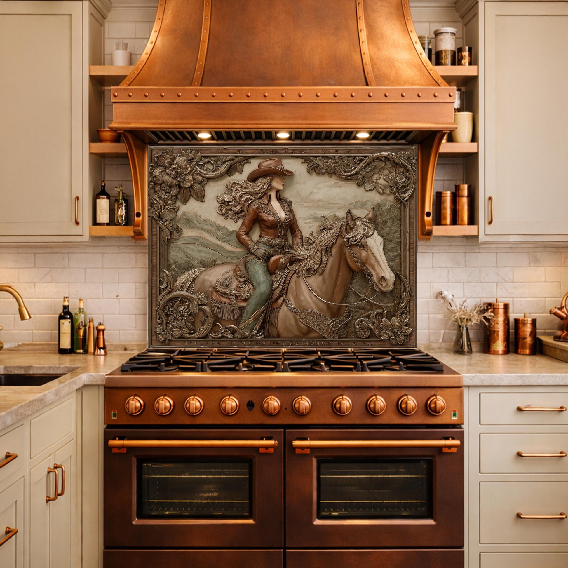 Graceful Cowgirl and Horse Tempered Glass Backsplash, Copper Relief Look Wall Panel, Stove Guard