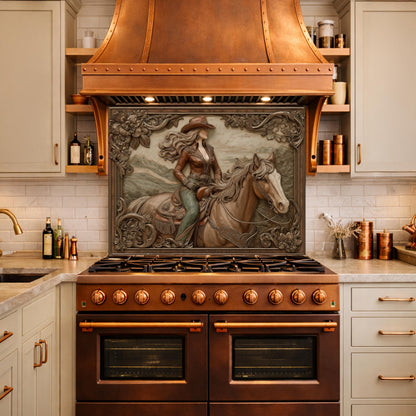 Graceful Cowgirl and Horse Tempered Glass Backsplash, Copper Relief Look Wall Panel, Stove Guard