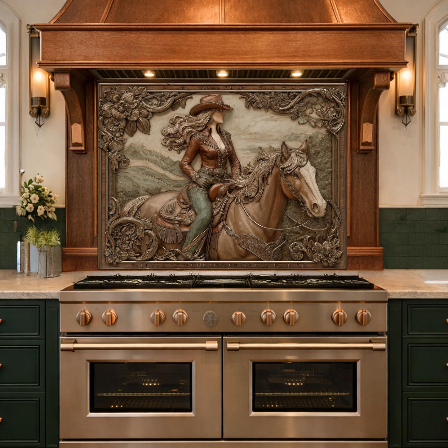 Graceful Cowgirl and Horse Tempered Glass Backsplash, Copper Relief Look Wall Panel, Stove Guard