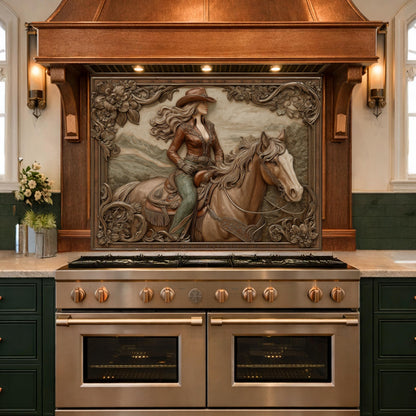 Graceful Cowgirl and Horse Tempered Glass Backsplash, Copper Relief Look Wall Panel, Stove Guard