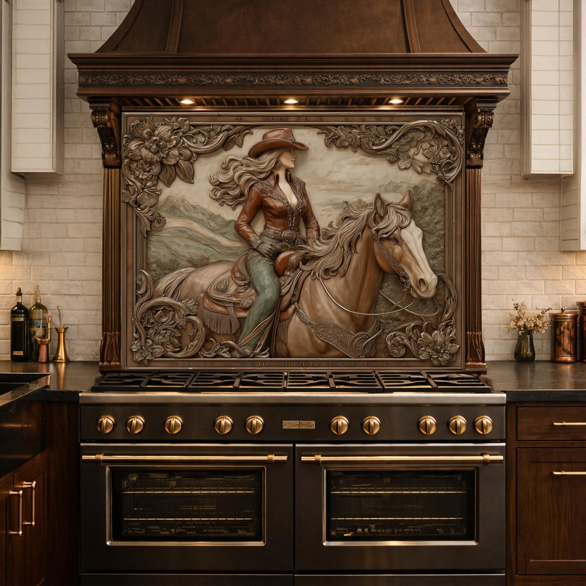 Graceful Cowgirl and Horse Tempered Glass Backsplash, Copper Relief Look Wall Panel, Stove Guard