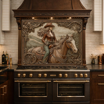 Graceful Cowgirl and Horse Tempered Glass Backsplash, Copper Relief Look Wall Panel, Stove Guard