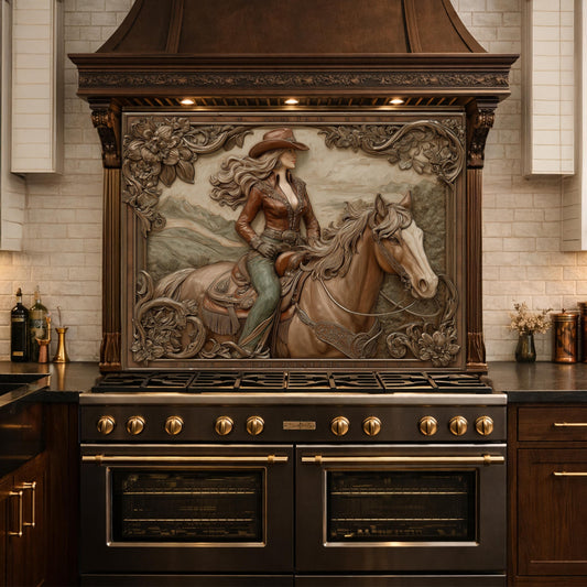 Graceful Cowgirl and Horse Tempered Glass Backsplash, Copper Relief Look Wall Panel, Stove Guard