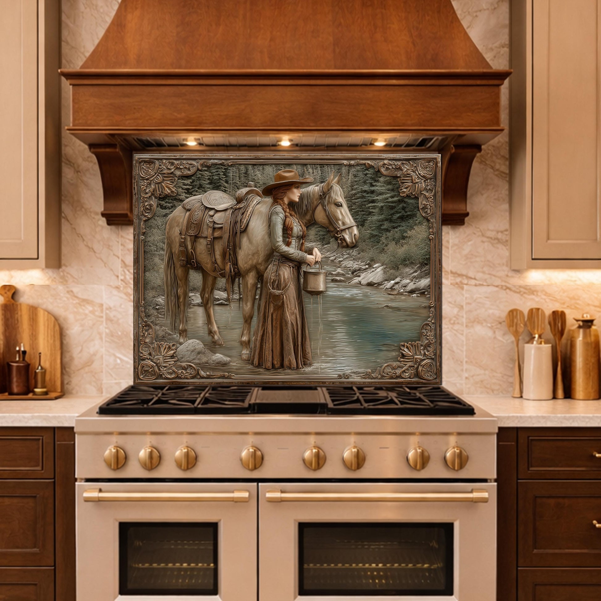 Mountain Stream Cowgirl Tempered Glass Backsplash, Copper Relief Look Wall Panel, Stove Guard