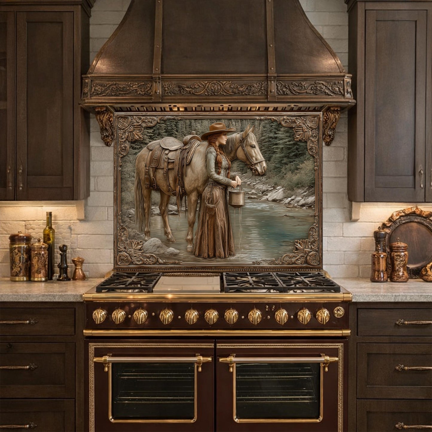 Mountain Stream Cowgirl Tempered Glass Backsplash, Copper Relief Look Wall Panel, Stove Guard